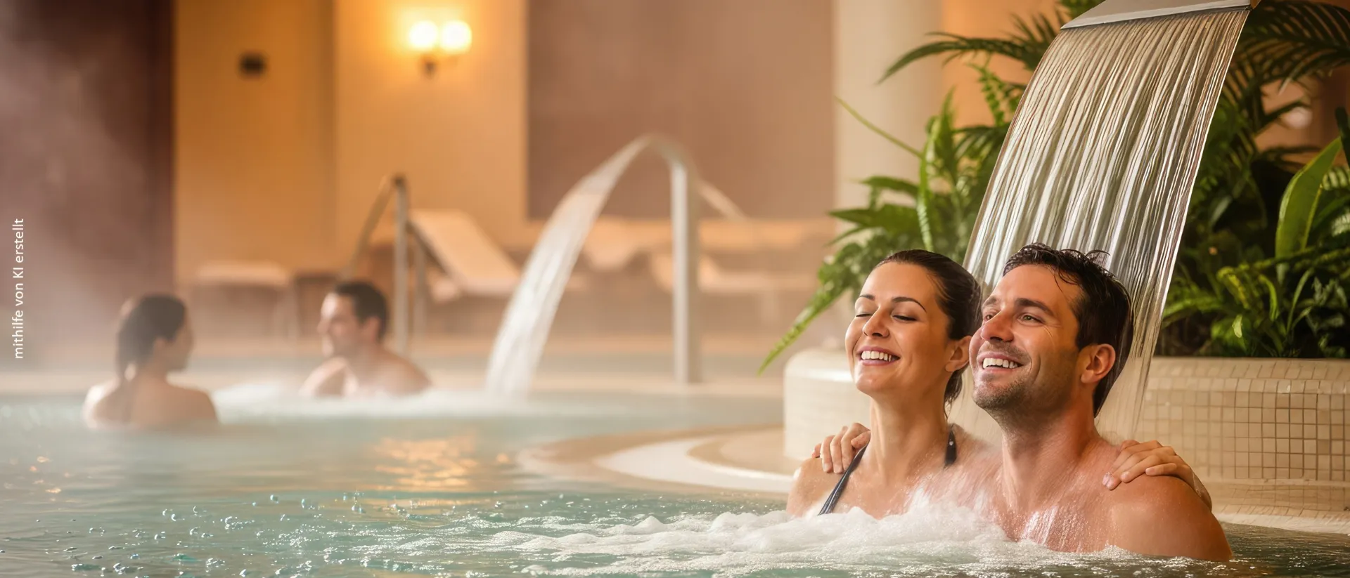 Lachendes Paar im Indoor-Pool eines Wellness-Bereichs