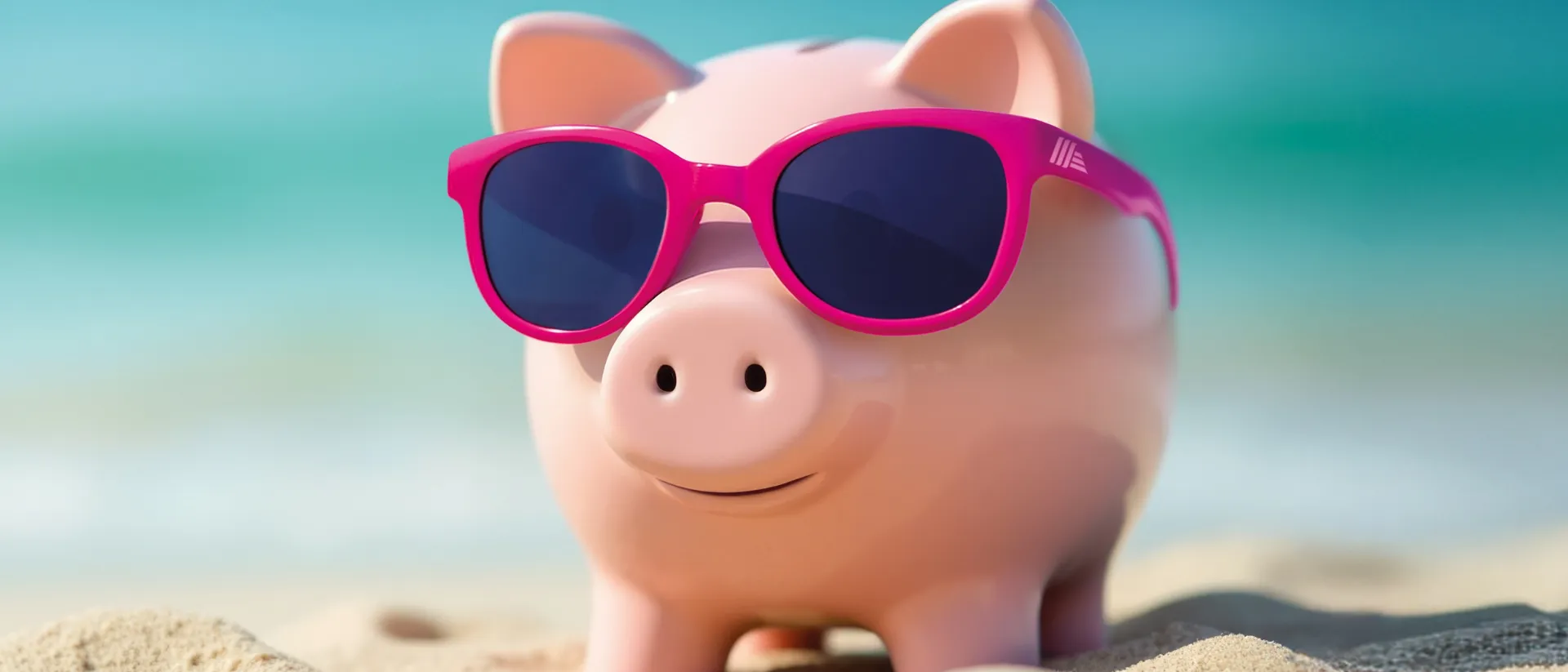 Sparschwein mit pinker Sonnenbrille an einem Strand
