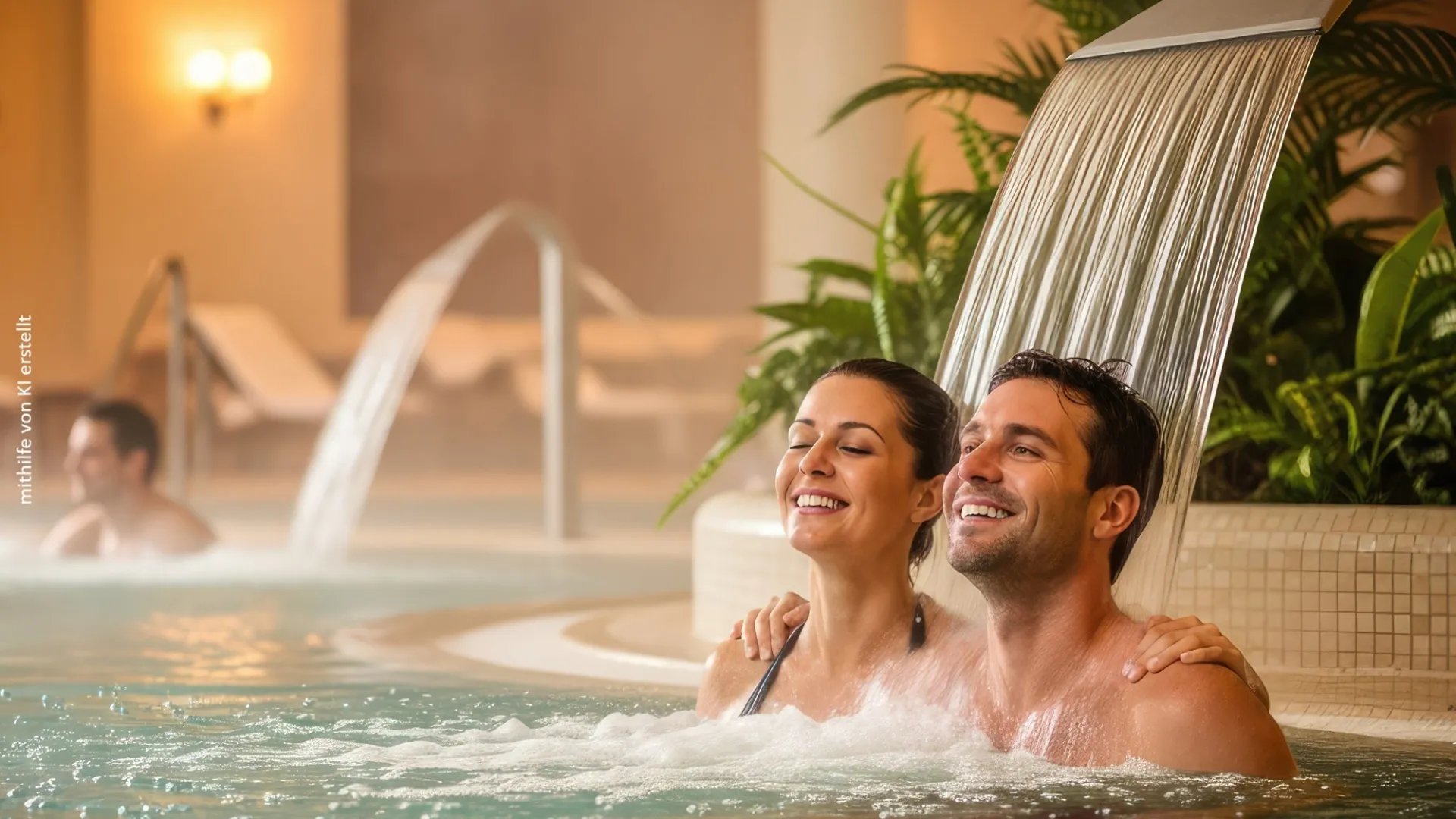 Un couple souriant dans la piscine couverte d'un espace bien-être