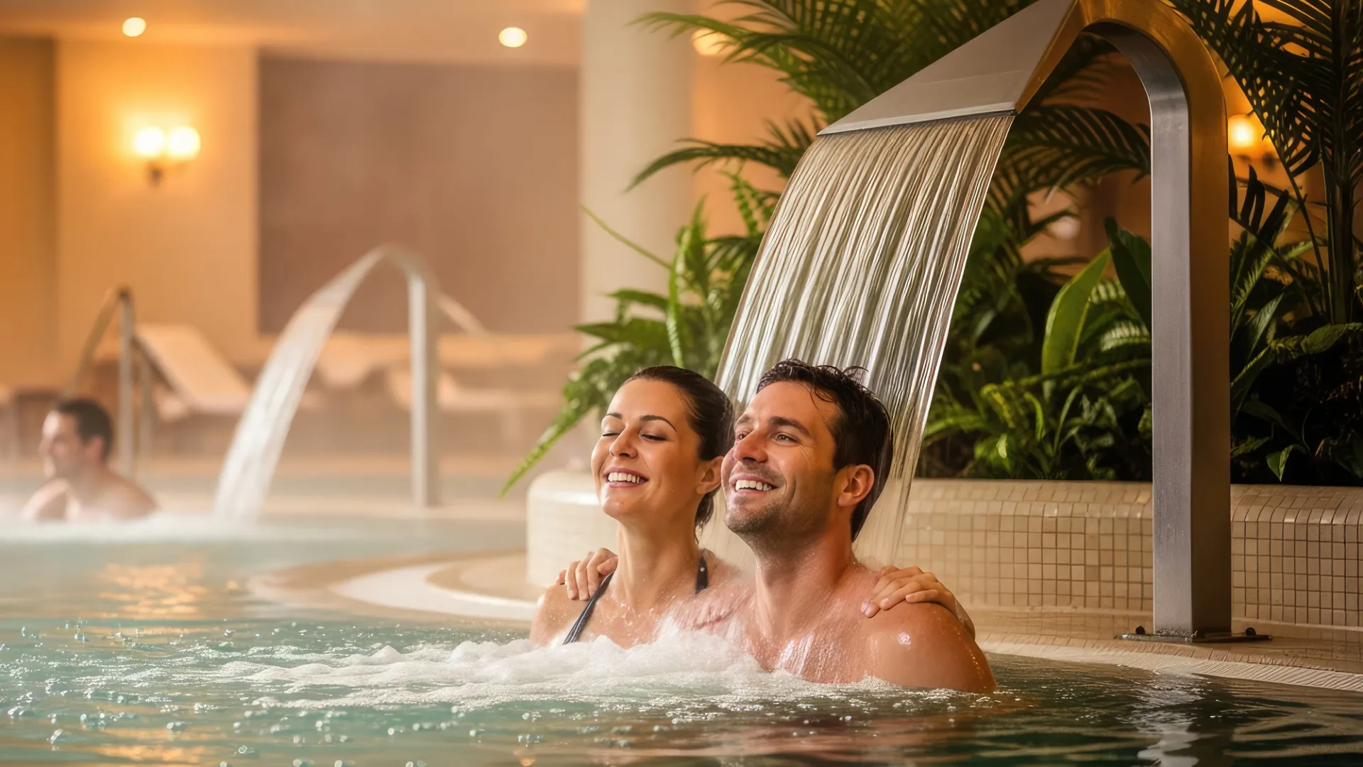 Lachendes Paar im Indoor-Pool eines Wellness-Bereichs