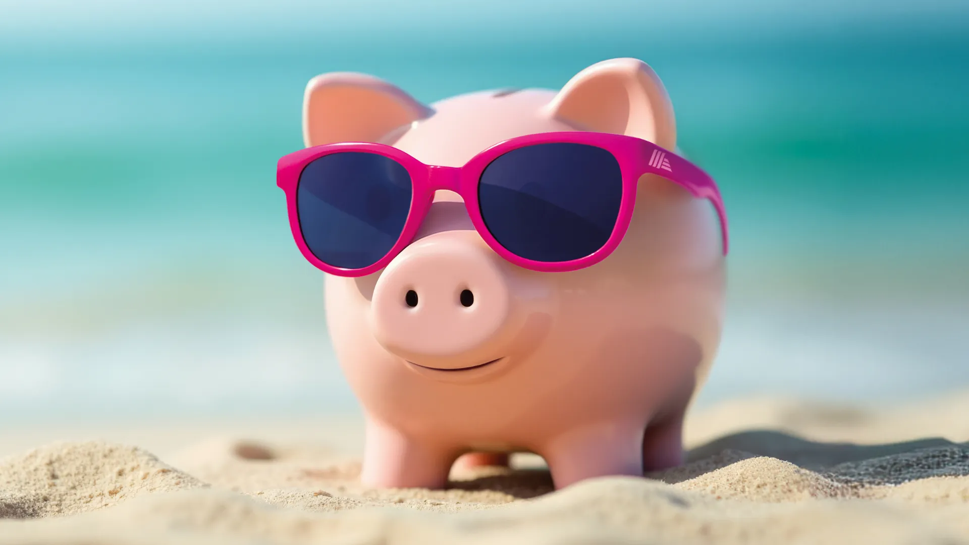 Sparschwein mit pinker Sonnenbrille an einem Strand